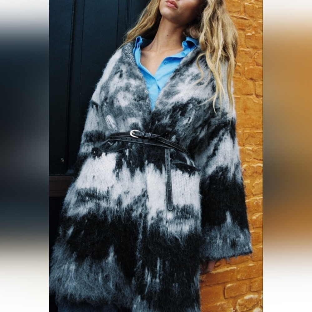 Zara Open Front Wool Blend Knit Printed Cozy Casual Sweater Coat